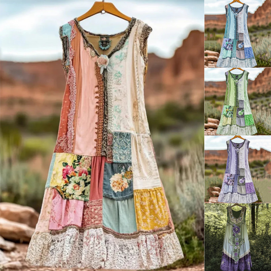 【✨Безплатно колие на стойност 59 лв】Жените реколта флорални печат без ръкави рокля