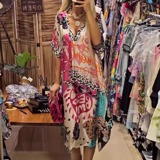 👗Жените свободни V-образно деколте рокли с къс ръкав