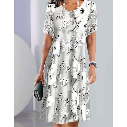 🌹Елегантна рокля с кръгло деколте и свободен флорален печат с къс ръкав