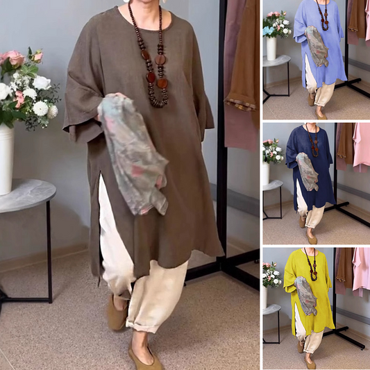 Жените случайни плътен цвят кръг врата платно сплит седем ръкав дълго Топ