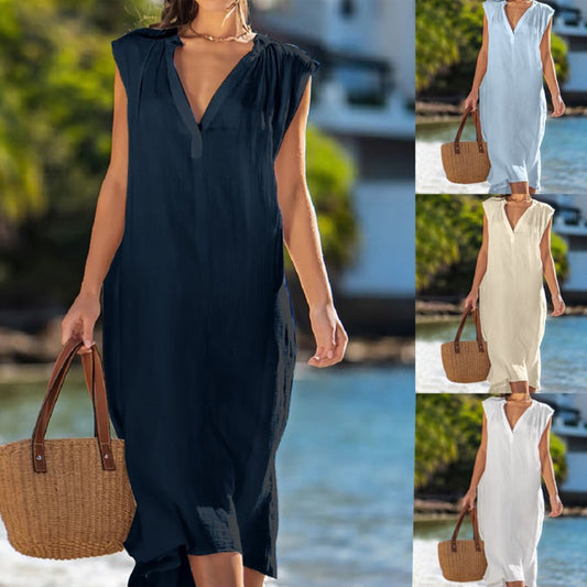 ⏰Лятна продажба, 40% разстояние🔥Елегантна женска рокля без ръкави с V-образно деколте👗