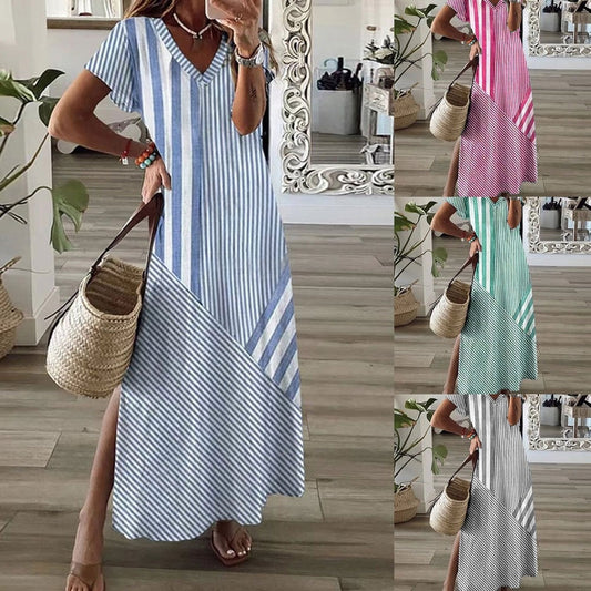 Дамска раирана рокля с V-образно деколте и разрез