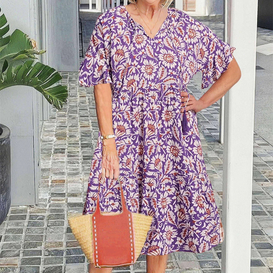 🎉Свободна рокля с V-образно деколте и принт на къдрици