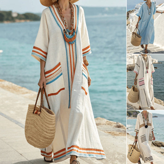 ✨Дамски свободни V-образно деколте кафтан дълга рокля