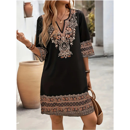 【S-2XL】Къса рокля с V-образно деколте в етнически стил