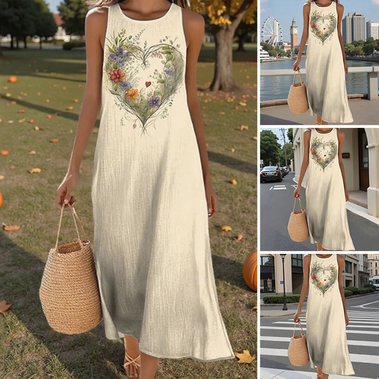 Разкроена рокля без ръкави с щампа на сърце