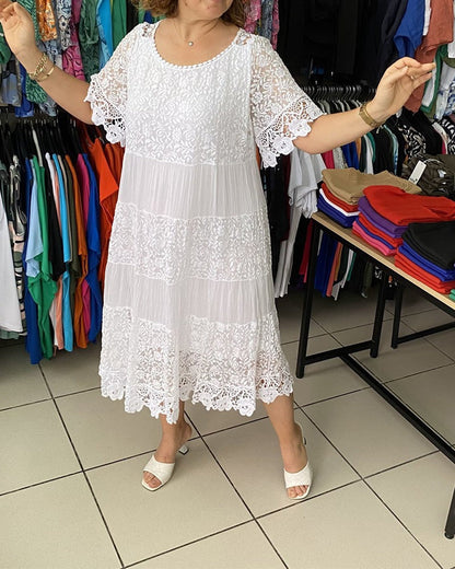 💝едноцветна дантелена рокля с къс ръкав👗