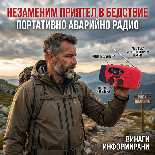 🚨 Многофункционално преносимо радио за спешни случаи – слънчево, с ръчна динамо и USB зареждане | AM/FM приемник, LED фенерче, SOS сигнал и пауър банк 🌞🔋