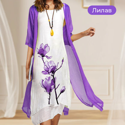 🌸Дамски комплект от две части - рокля с флорален принт и кардиган