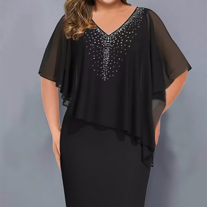 💖【S-4XL】✨Шифонена рокля с кръгло деколте и кристали
