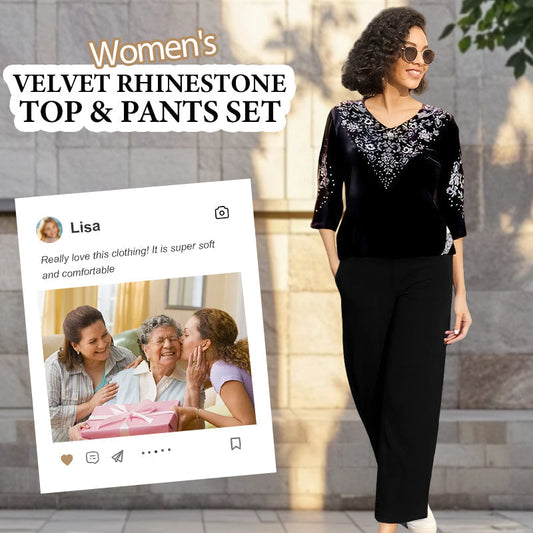 💜Дамски комплект от кадифена блуза с кристали и панталони