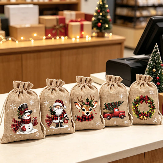 🎄 Коледни подаръчни торбички с връзки – с щампи на Дядо Коледа, снежен човек и еленче, за многократна употреба, идеални за подаръци и парти лакомства