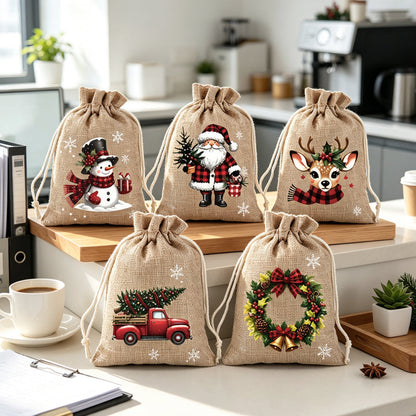 🎅 50% OFF NOW! 🎄 Christmas Drawstring Gift Bags – Santa, Snowman & Reindeer Prints, Reusable Holiday Treat Bags for Gifting & Party Favours